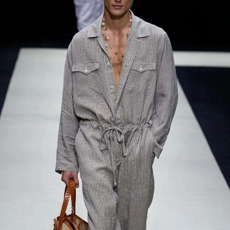 Men's Striped Lapel Chest Pocket Long Sleeve Drawstring Waist Jumpsuit MTA0688H4Z sold by Manly product image thumbnail 3