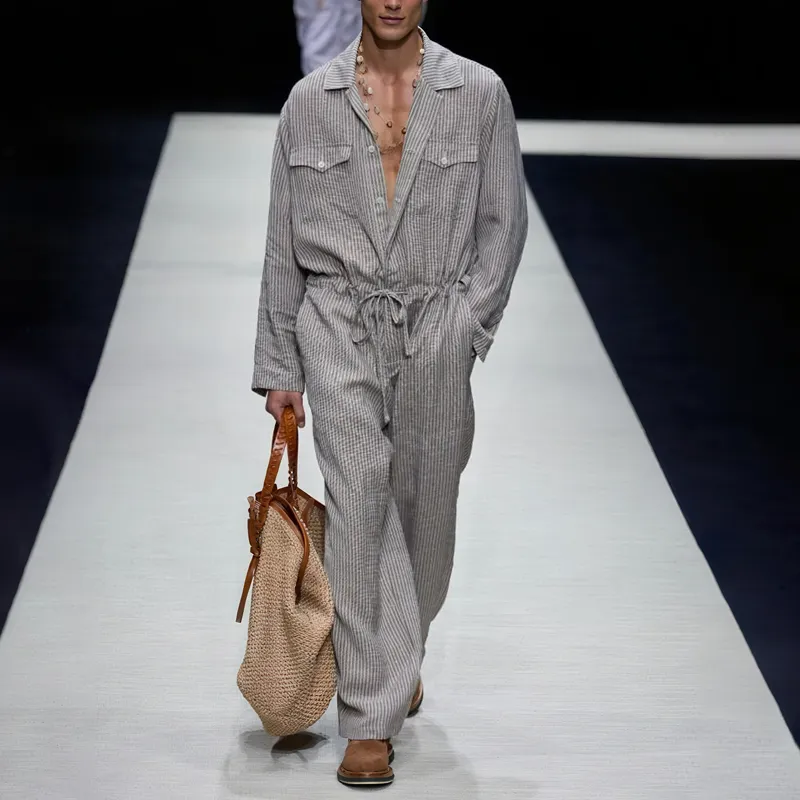 Men's Striped Lapel Chest Pocket Long Sleeve Drawstring Waist Jumpsuit MTA0688H4Z sold by Manly product image thumbnail 2