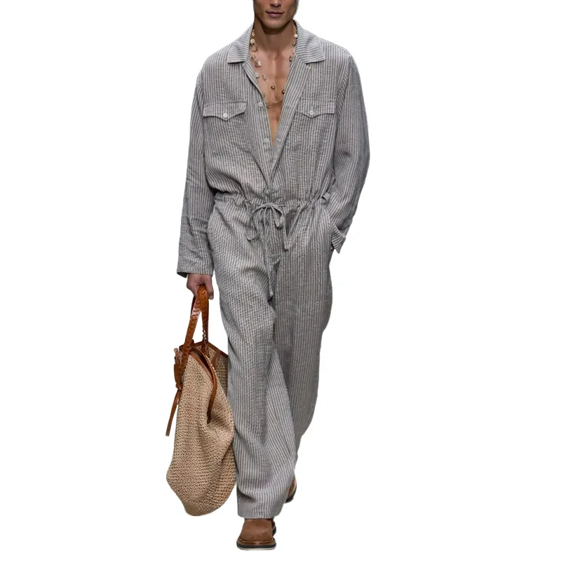 Men's Striped Lapel Chest Pocket Long Sleeve Drawstring Waist Jumpsuit MTA0688H4Z sold by Manly
