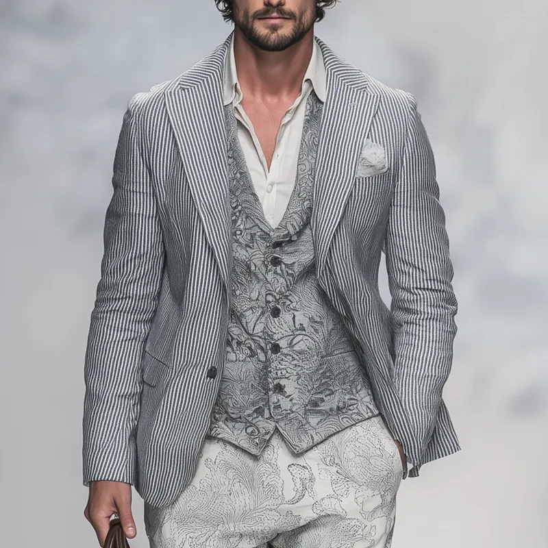 Men's Vintage Striped Peak Lapel Two Buttons Blazer MTA0601H7Z sold by Manly product image thumbnail 2