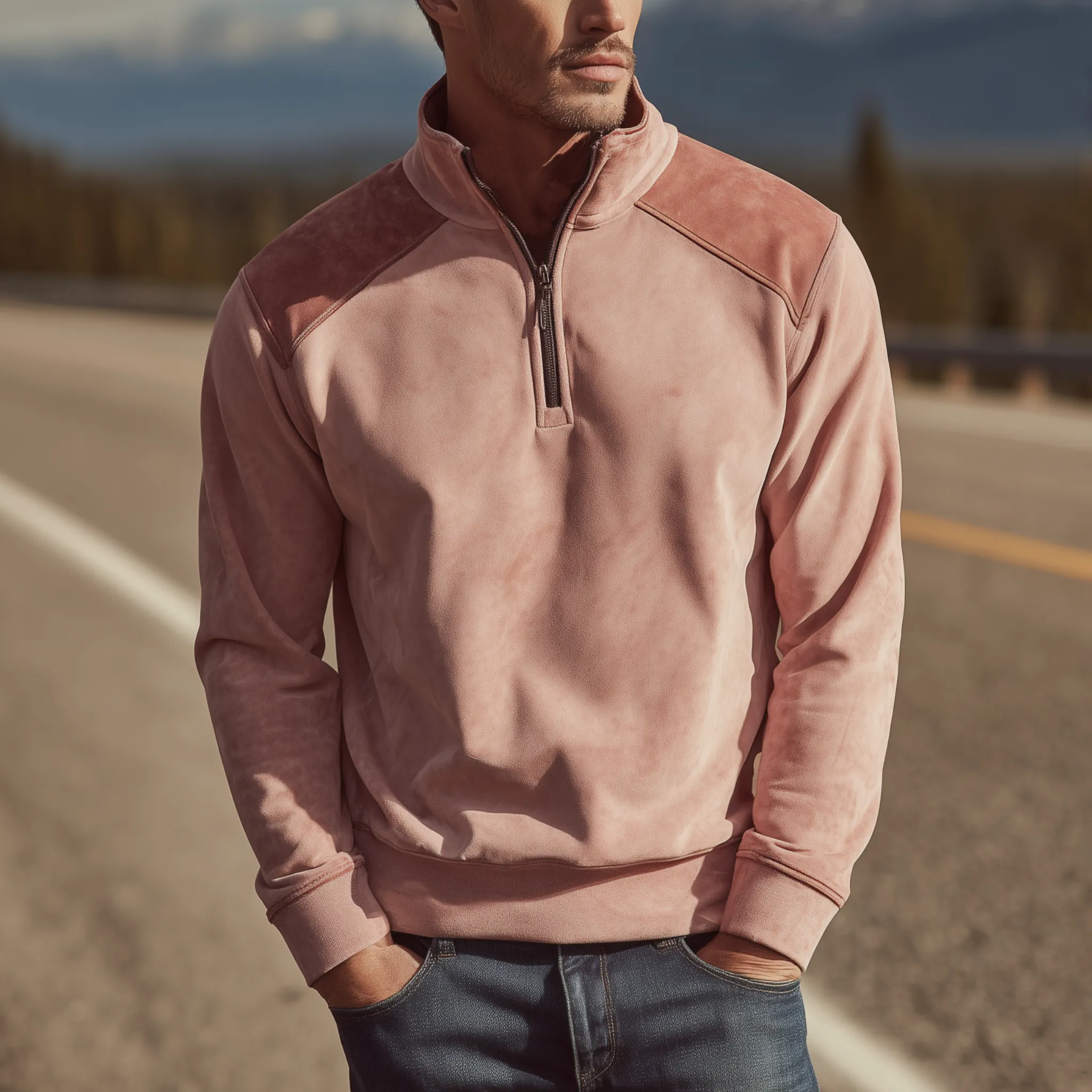 Men's Classic Retro Suede Stand Collar Zipper Sweatshirt MTA0615H7K sold by Manly product image thumbnail 2