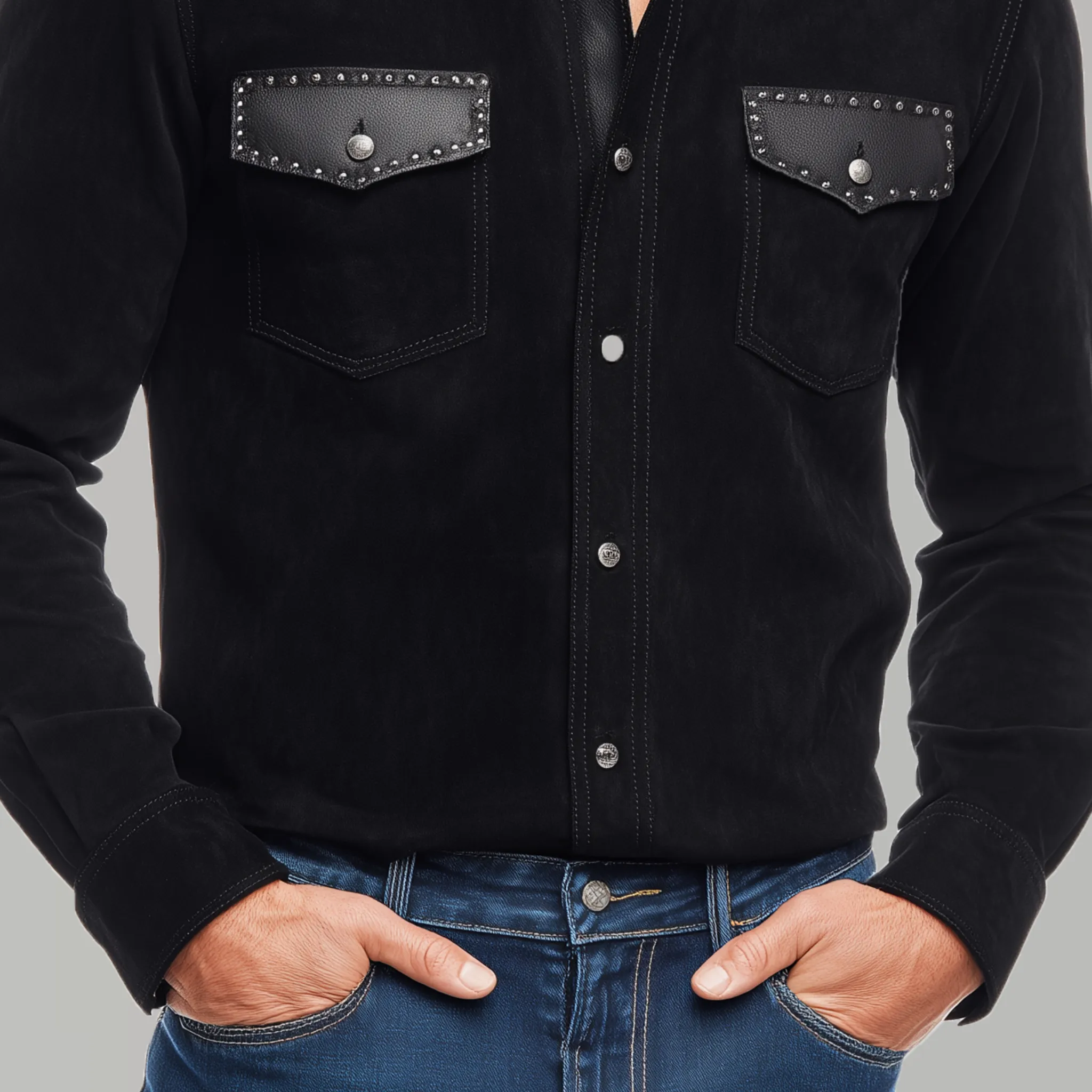 Men's Classic Retro Western Cowboy Style Suede Stitching PU Leather Metal Rivet Decorated Long Sleeve Shirt MTA0609H9K sold by Manly product image thumbnail 4