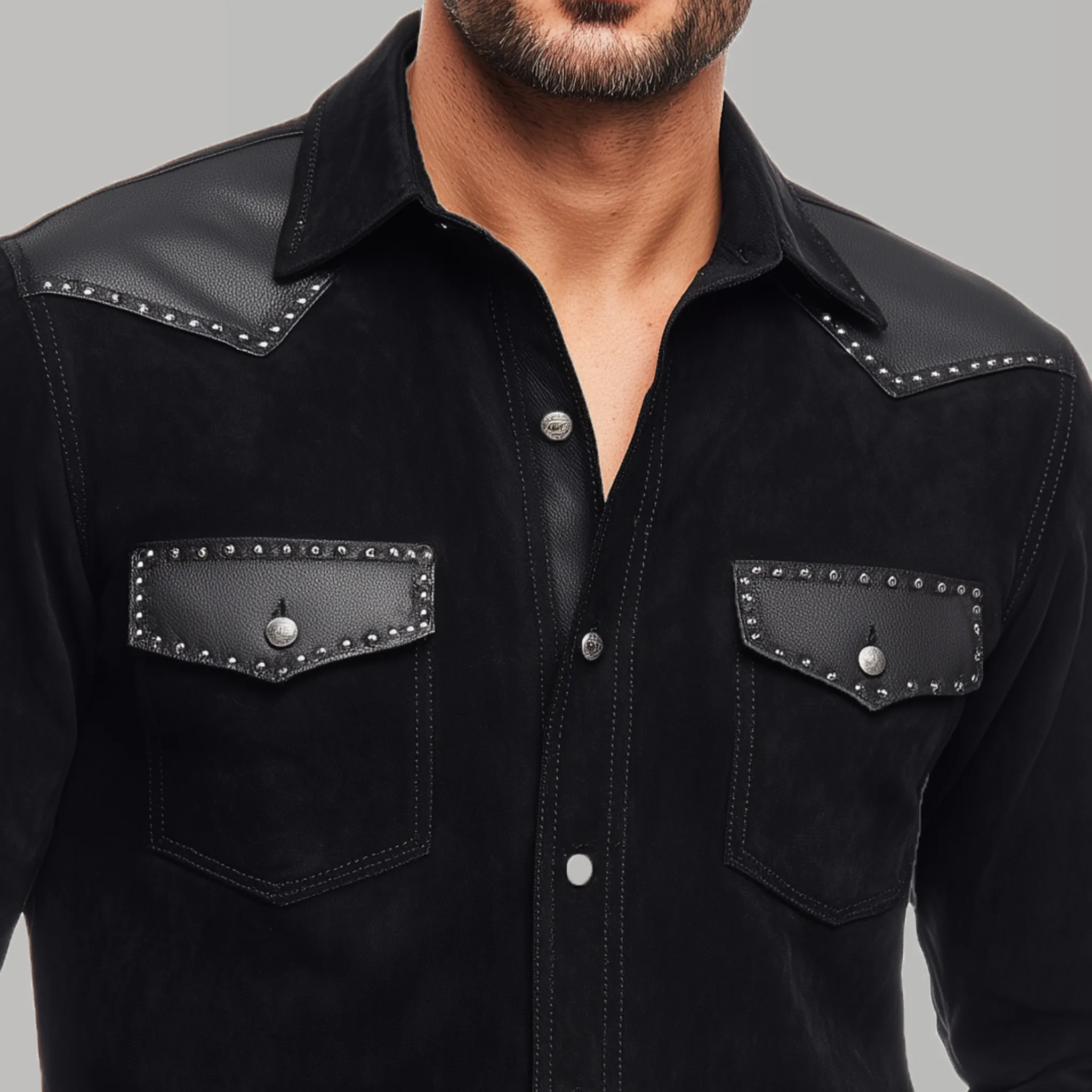 Men's Classic Retro Western Cowboy Style Suede Stitching PU Leather Metal Rivet Decorated Long Sleeve Shirt MTA0609H9K sold by Manly product image thumbnail 3