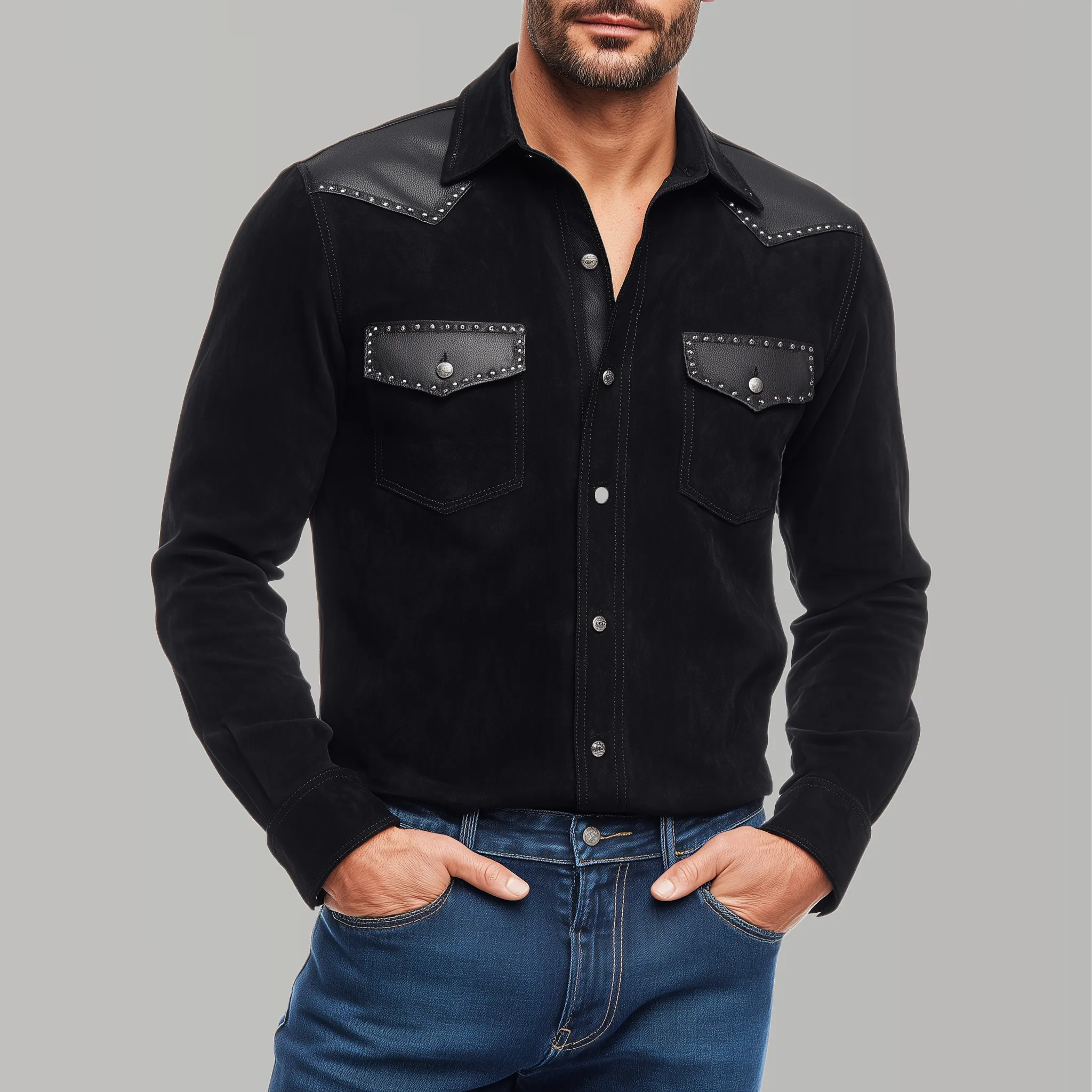 Men's Classic Retro Western Cowboy Style Suede Stitching PU Leather Metal Rivet Decorated Long Sleeve Shirt MTA0609H9K sold by Manly product image thumbnail 2