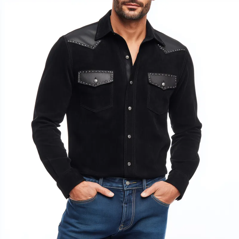 Men's Classic Retro Western Cowboy Style Suede Stitching PU Leather Metal Rivet Decorated Long Sleeve Shirt MTA0609H9K sold by Manly