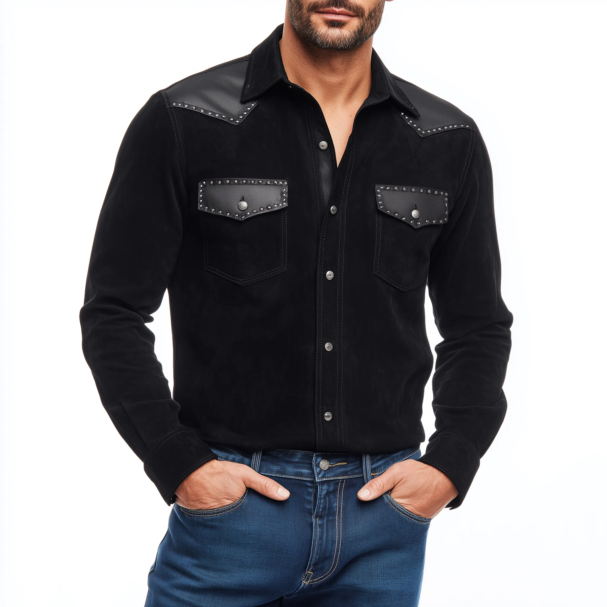 Men's Classic Retro Western Cowboy Style Suede Stitching PU Leather Metal Rivet Decorated Long Sleeve Shirt MTA0609H9K sold by Manly