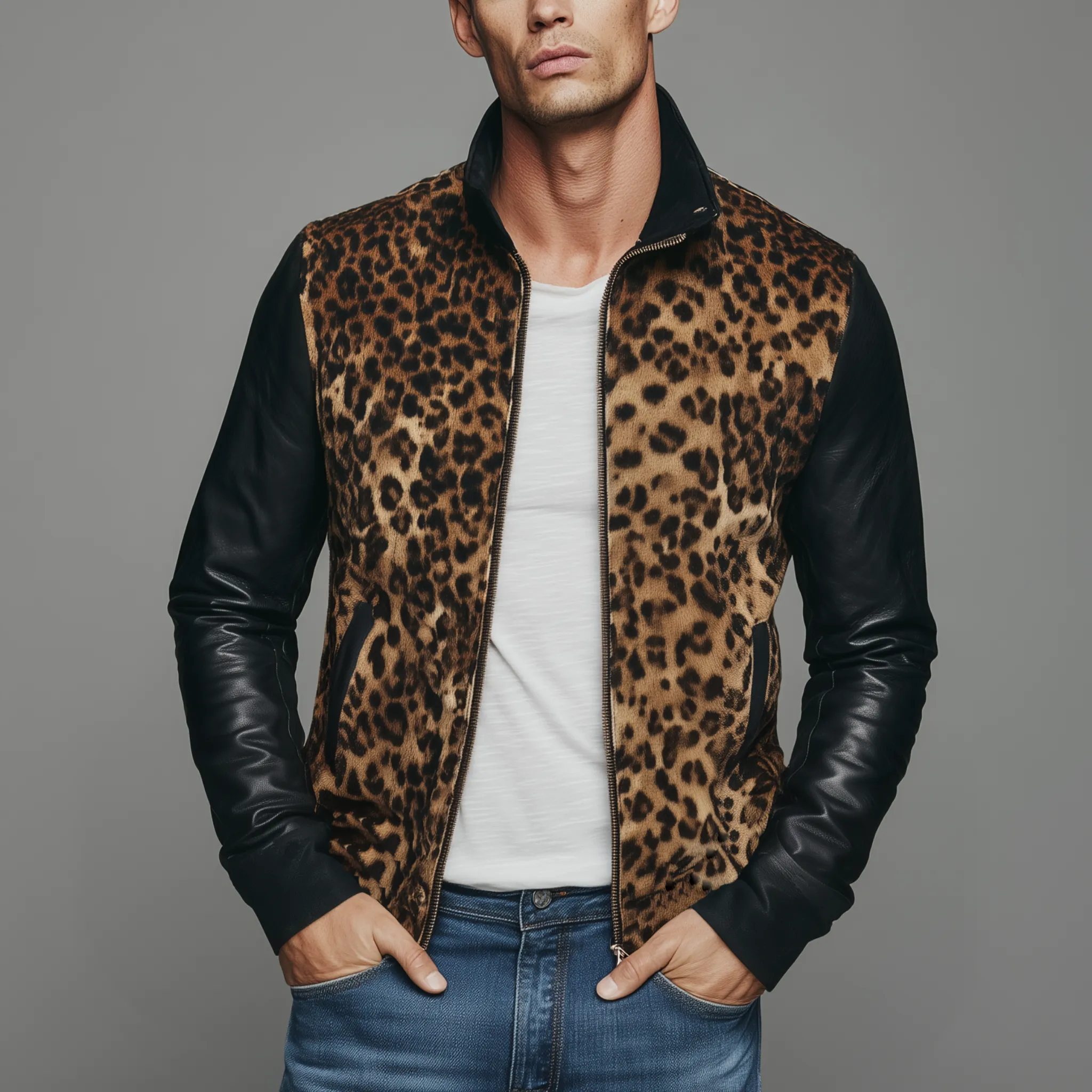 Men's Classic Casual Suede Leopard Print Pu Leather Stand Collar Slim Fit Jacket MTA0611H4K sold by Manly product image thumbnail 2
