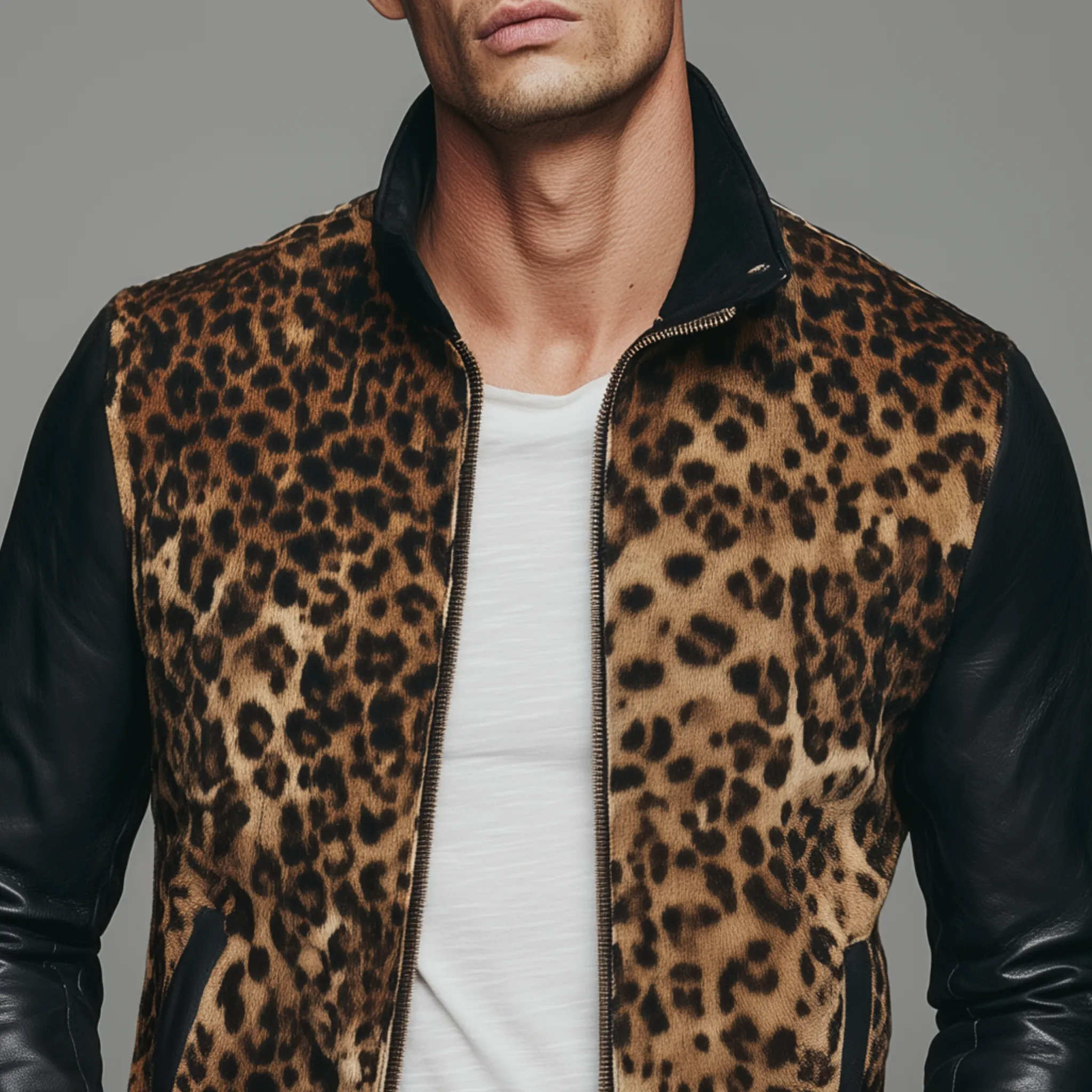 Men's Classic Casual Suede Leopard Print Pu Leather Stand Collar Slim Fit Jacket MTA0611H4K sold by Manly product image thumbnail 4