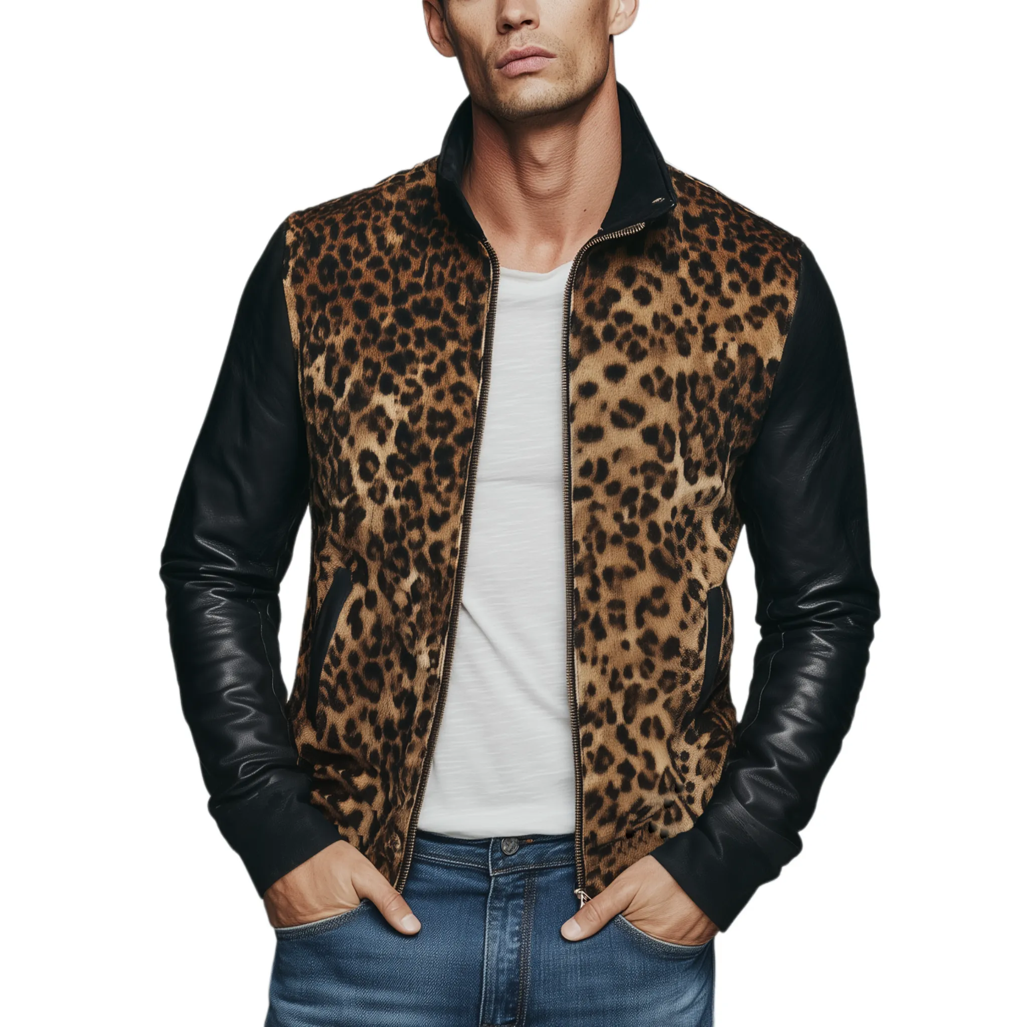 Men's Classic Casual Suede Leopard Print Pu Leather Stand Collar Slim Fit Jacket MTA0611H4K sold by Manly