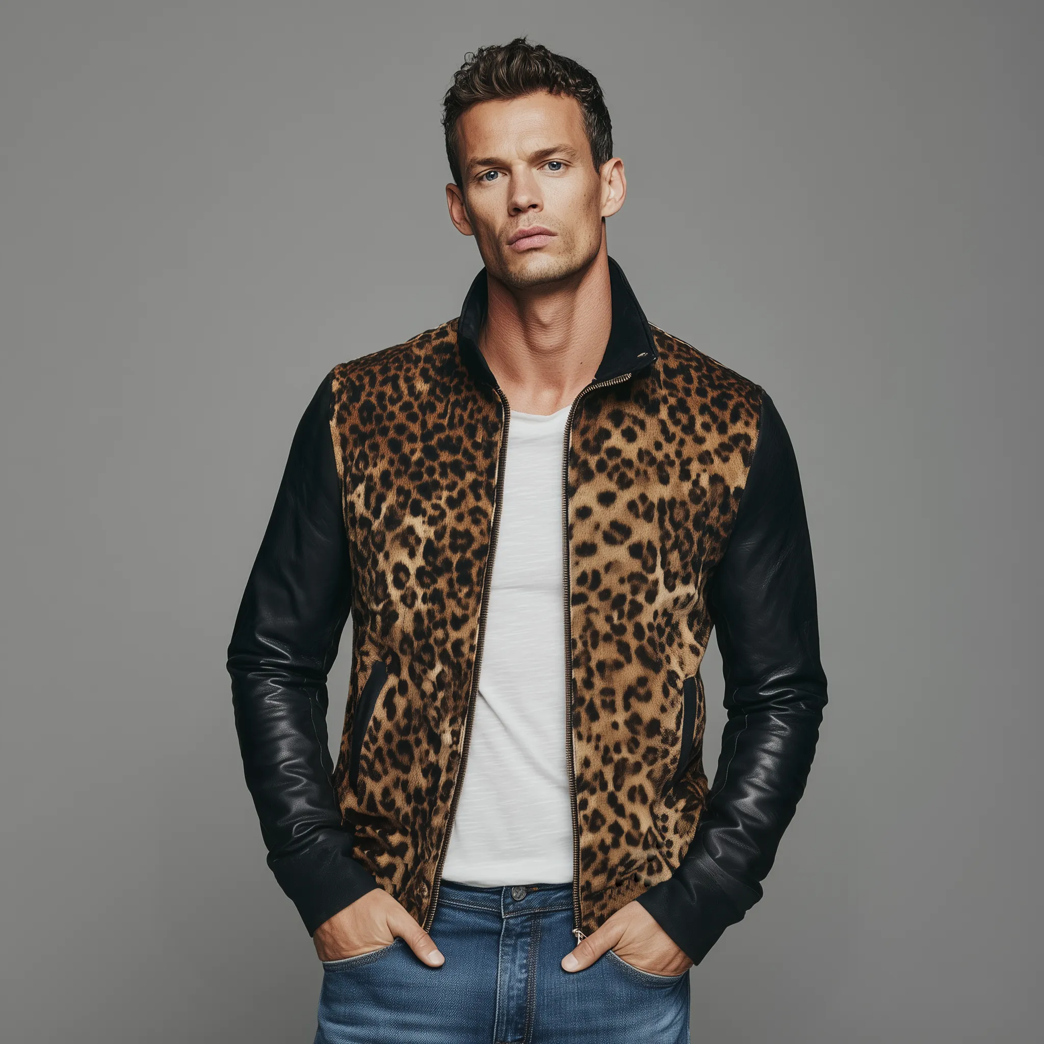 Men's Classic Casual Suede Leopard Print Pu Leather Stand Collar Slim Fit Jacket MTA0611H4K sold by Manly product image thumbnail 3