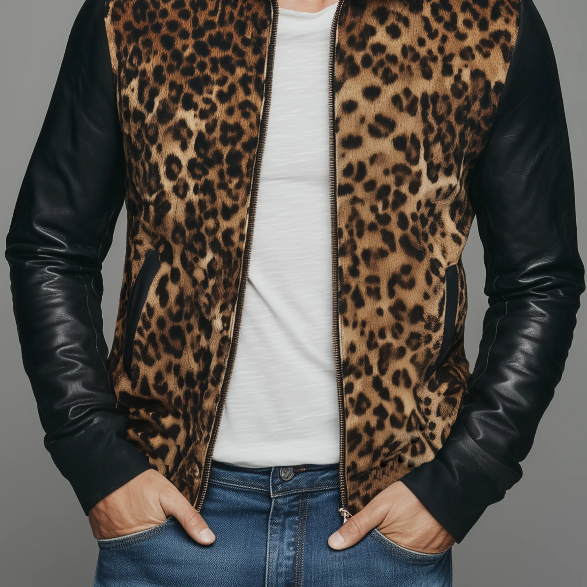 Men's Classic Casual Suede Leopard Print Pu Leather Stand Collar Slim Fit Jacket MTA0611H4K sold by Manly product image thumbnail 5