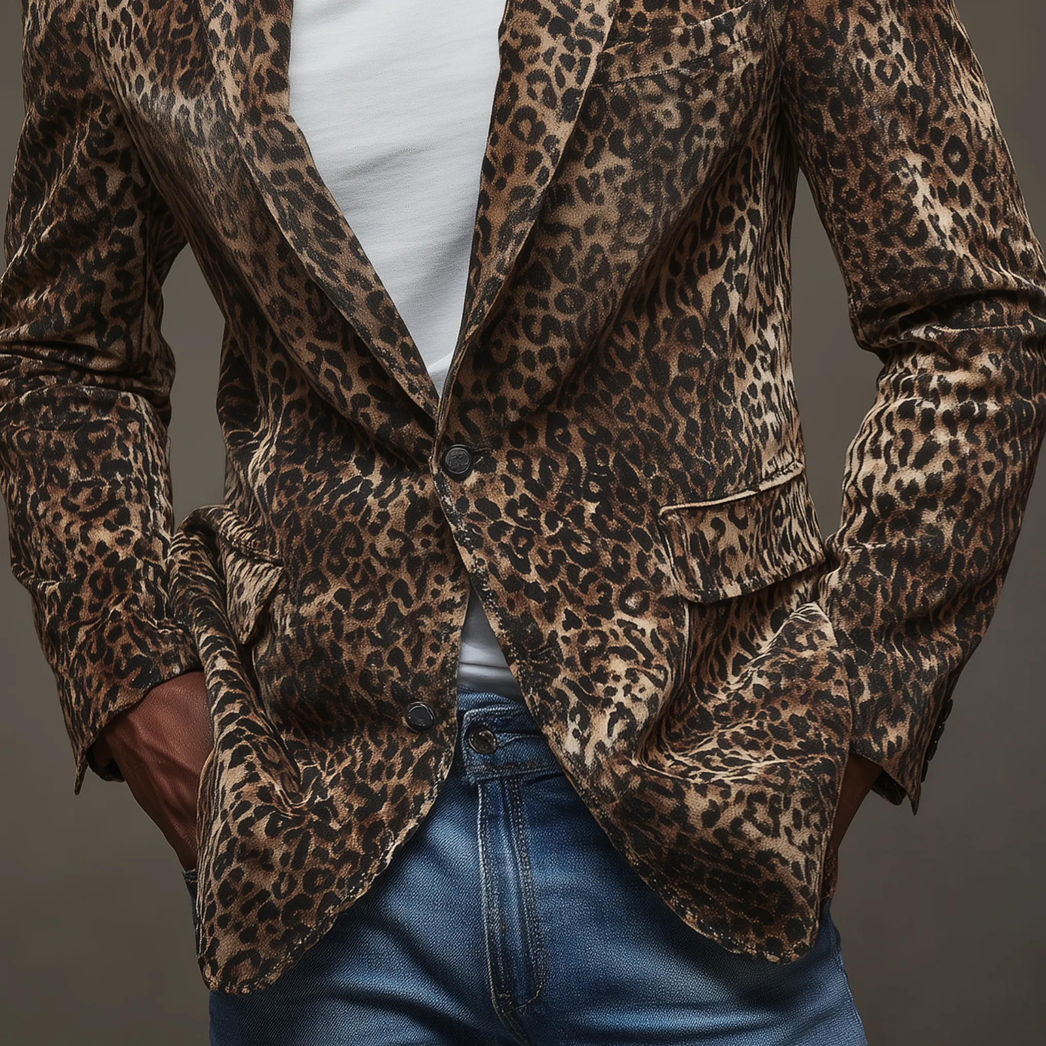 Men's Classic Retro Leopard Print Suede Collar Splicing PU Leather Single-breasted Slim-fit Blazer MTA0612H3K sold by Manly product image thumbnail 4