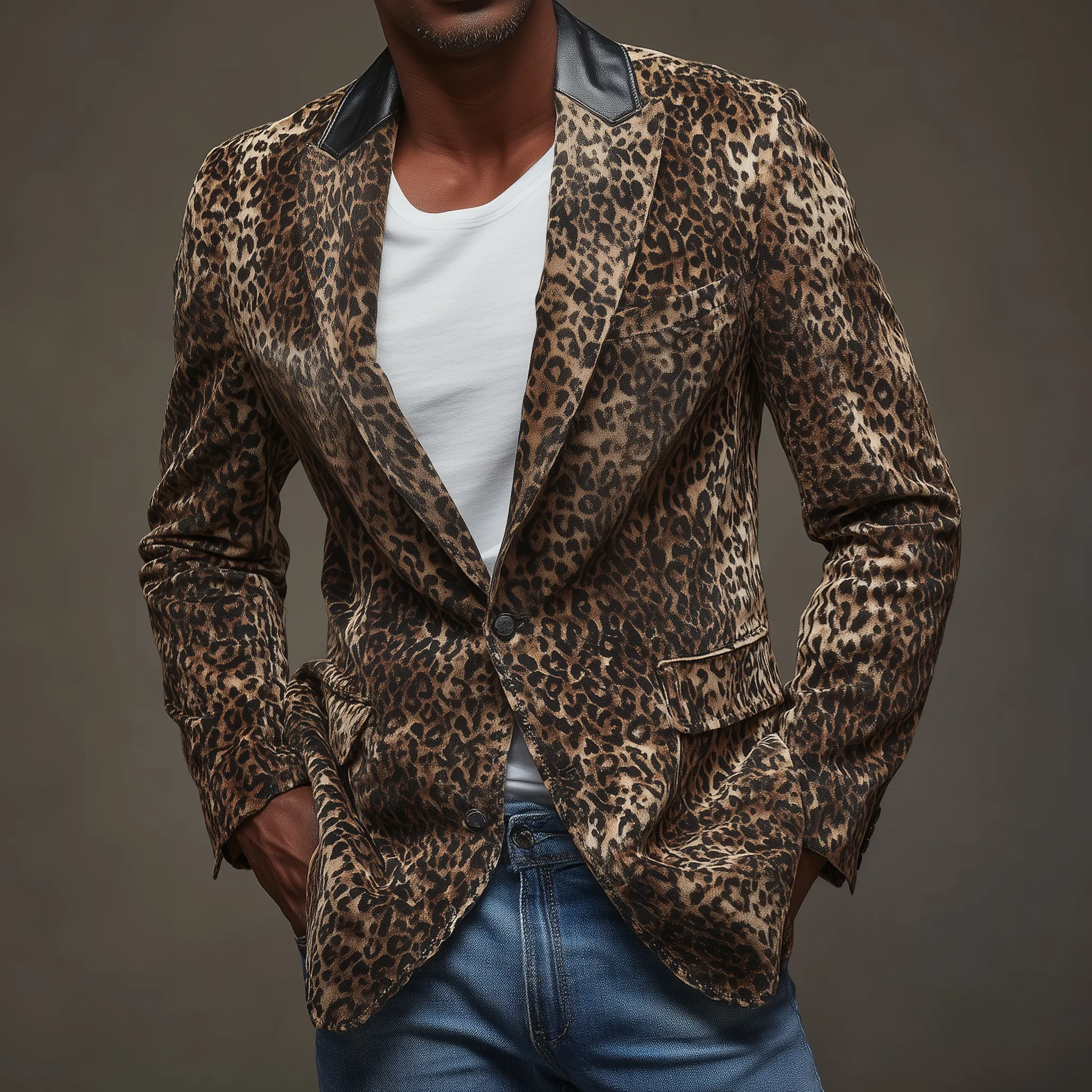 Men's Classic Retro Leopard Print Suede Collar Splicing PU Leather Single-breasted Slim-fit Blazer MTA0612H3K sold by Manly product image thumbnail 2