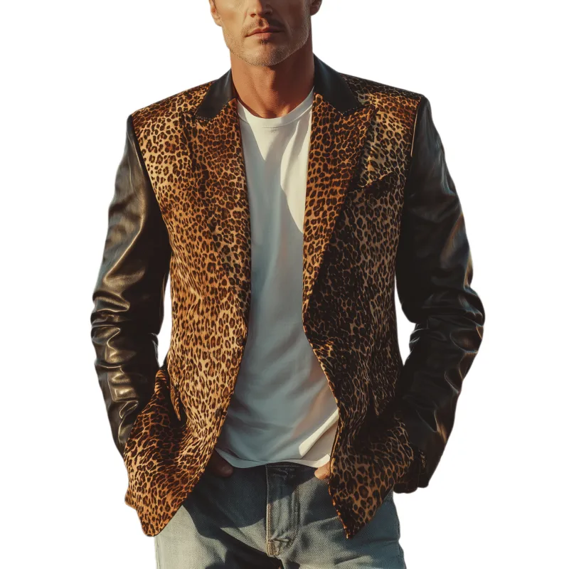 Men's Classic Fashion Leopard Suede Stitching PU Leather Single-breasted Slim-fit Blazer MTA0676H4K sold by Manly