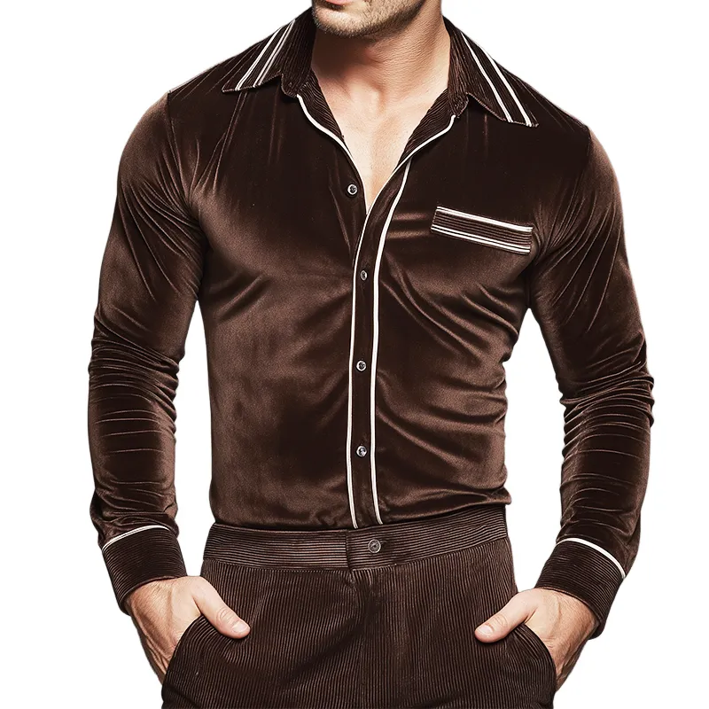 Men's Retro Casual Corduroy Splicing Velvet Striped Lapel Long Sleeve Shirt MTA0432H6TO sold by Manly