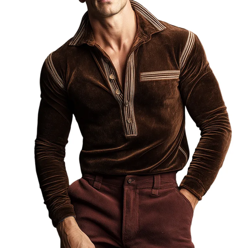 Men's Retro Casual Velvet Striped Print Lapel Long Sleeve T-shirt MTA0449H0TO sold by Manly