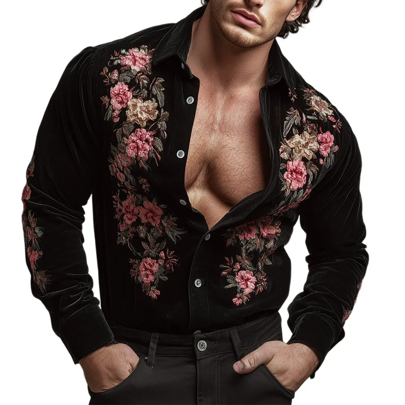Men's Retro Casual Velvet Embroidered Lapel Long Sleeve Shirt MTA0464H8TO sold by Manly