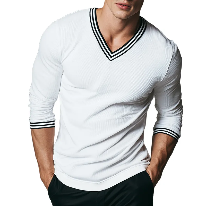Men's Retro Casual Solid Color V-Neck Long Sleeve T-Shirt MTA0477H3TO sold by Manly