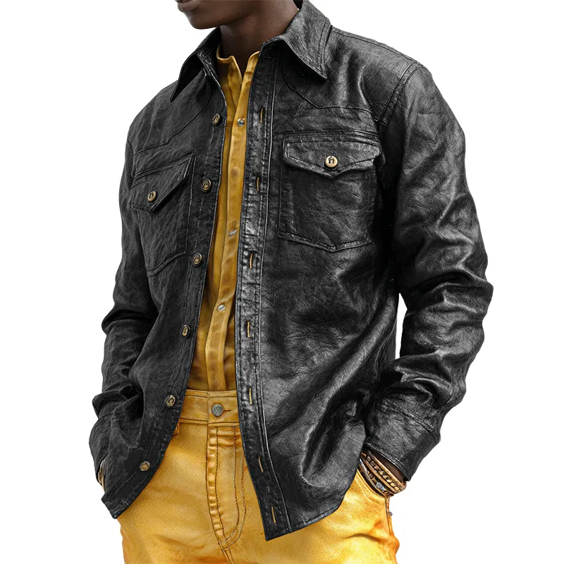 Men's Retro Casual Leather Pleated Lapel Long Sleeve Shirt MTA0458H1TO sold by Manly