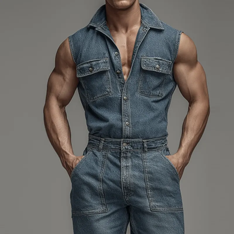 Men's Retro Casual Washed Denim Lapel Sleeveless Shirt Jumpsuit MTA0440H4TO sold by Manly product image thumbnail 3