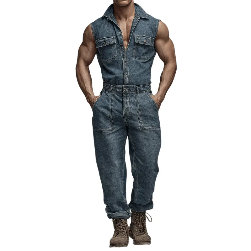 Men's Retro Casual Washed Denim Lapel Sleeveless Shirt Jumpsuit MTA0440H4TO sold by Manly