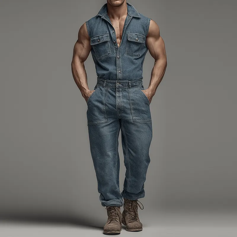 Men's Retro Casual Washed Denim Lapel Sleeveless Shirt Jumpsuit MTA0440H4TO sold by Manly product image thumbnail 2