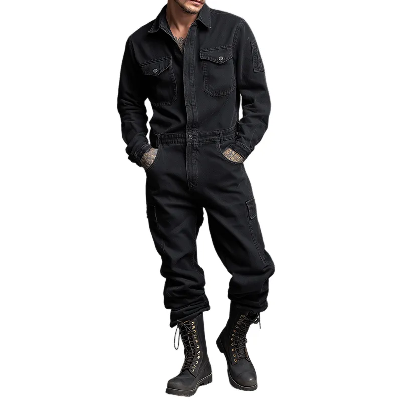 Men's Retro Casual Cotton Washed Lapel Long Sleeve Shirt Jumpsuit MTA0472H9TO sold by Manly