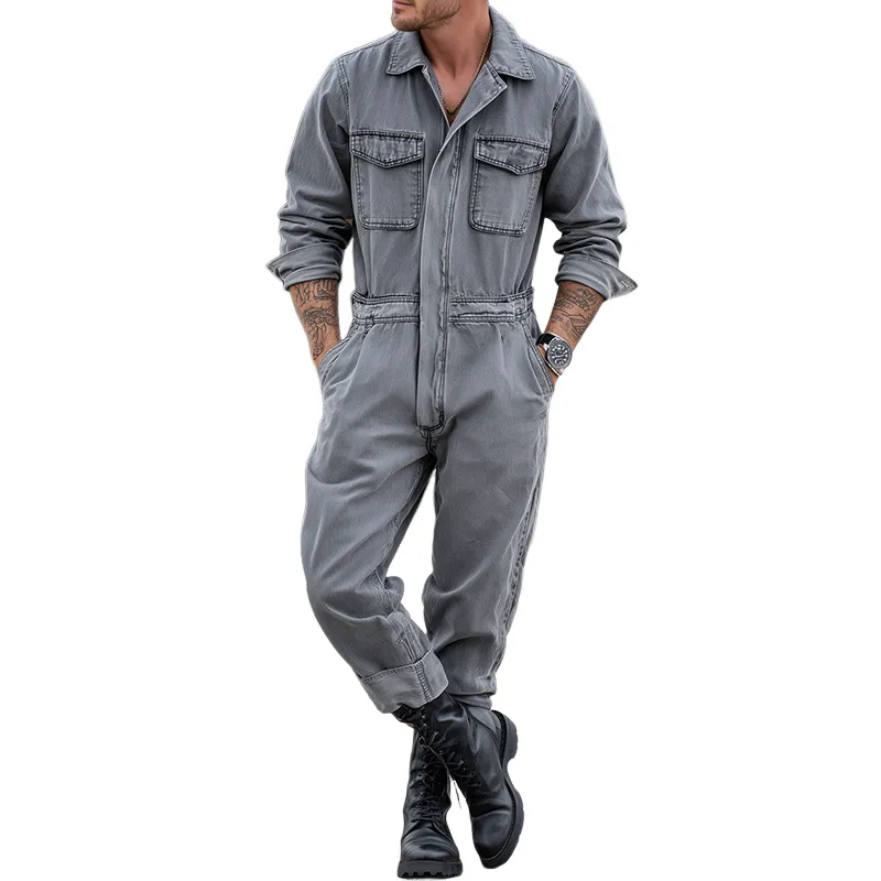 Men's Retro Casual Denim Washed Lapel Long Sleeve Shirt Jumpsuit MTA0436H3TO sold by Manly
