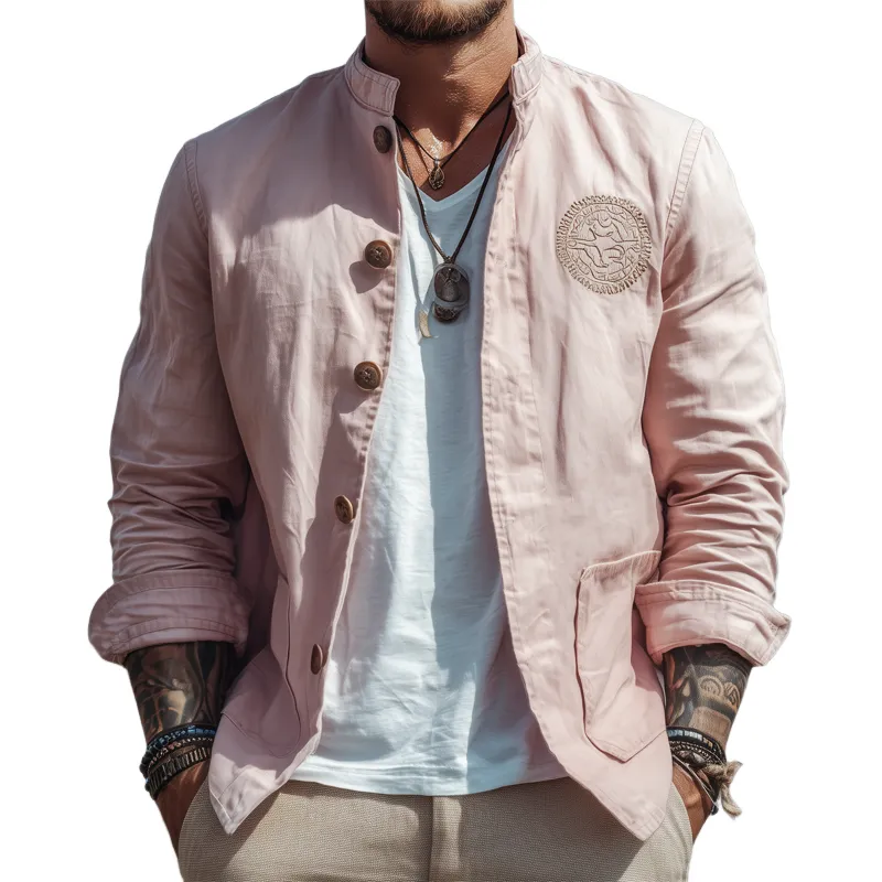 Men's Spring And Autumn Stand Collar Cotton Embroidered Button Jacket MTA0622H0U sold by Manly