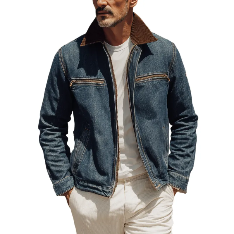 Men's Classic Retro Western Style Corduroy Collar Zipper Denim Washed Jacket MTA0746H7K sold by Manly