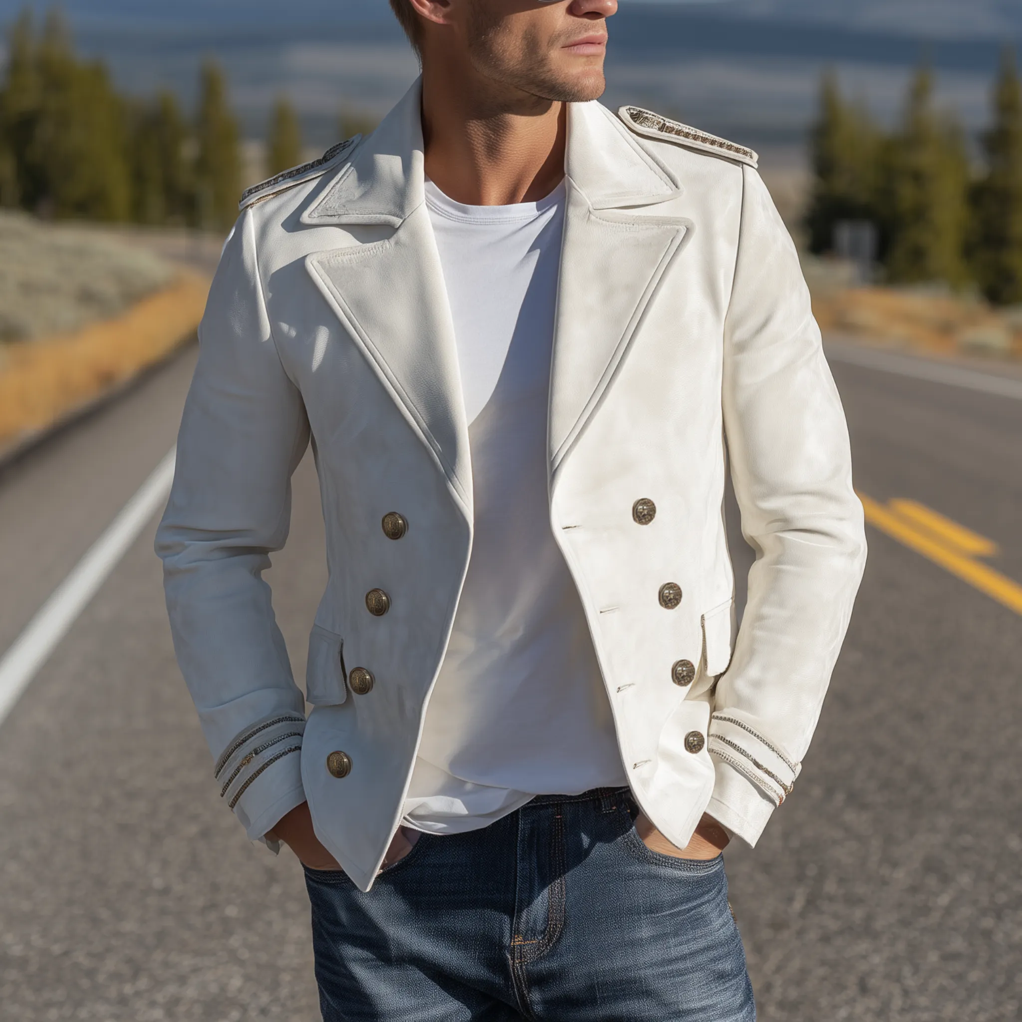 Men's Classic Retro Western Lapel Suede Cropped Double Breasted Jacket MTA0840H9K sold by Manly product image thumbnail 2