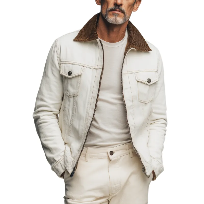 Men's Classic Vintage Western Style Corduroy Collar Denim Washed Jacket MTA0798H3K sold by Manly