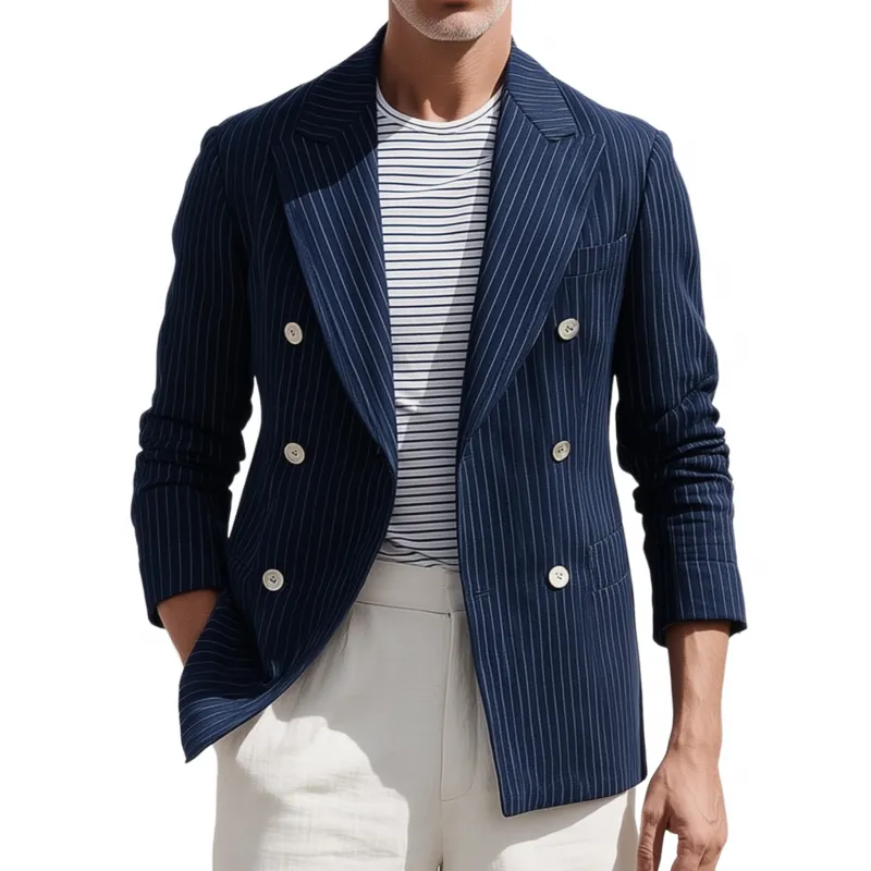 Men's Stylish Cotton Blend Striped Notch Lapel Double-breasted Slim-fit Blazer MTA1905G2M sold by Manly