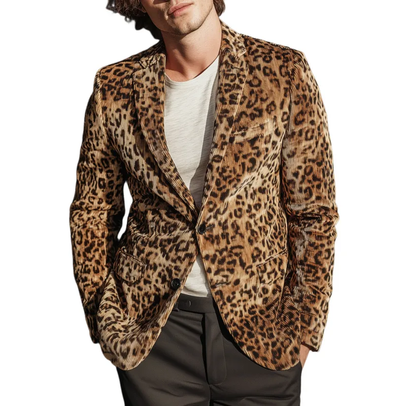 Men's Stylish Vintage Leopard Print Corduroy Notch Lapel Single-breasted Slim-fit Blazer MTA0796H0M sold by Manly