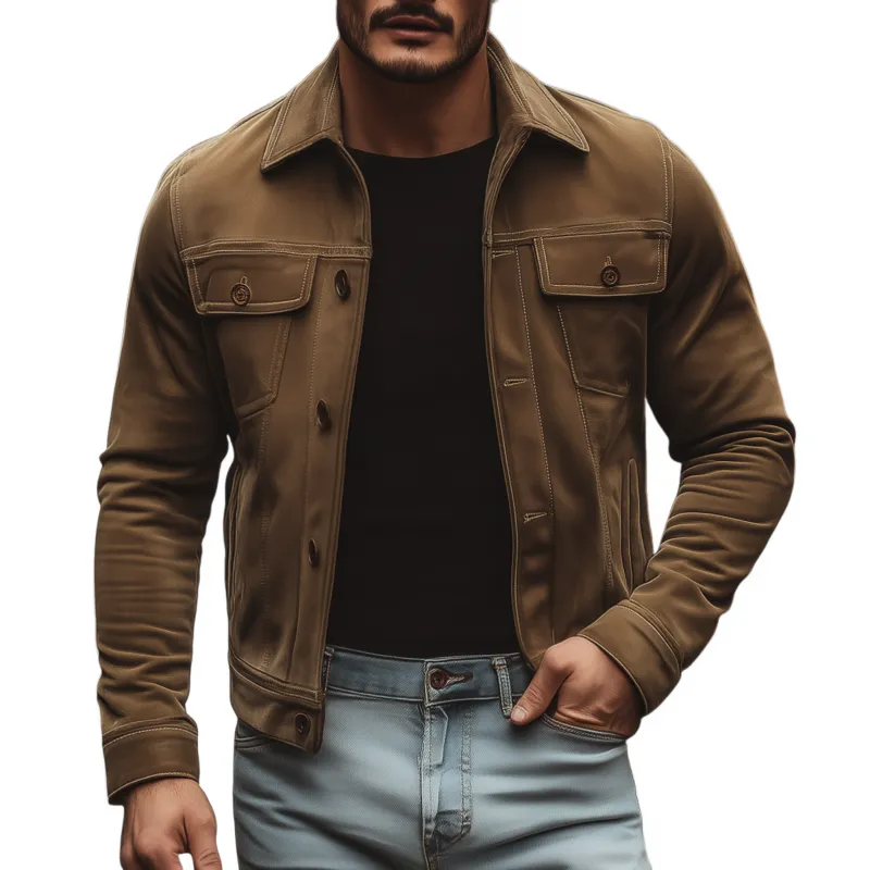 Men's Vintage Solid Color Faux Suede Lapel Single-Breasted Slim Fit Short Jacket MTA0874H3M sold by Manly