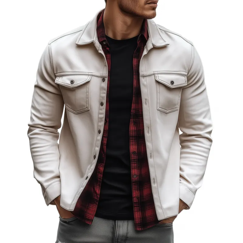 Men's Casual Solid Color Faux Suede Lapel Flap Chest Pocket Loose Long Sleeve Shirt Jacket MTA0891H5M sold by Manly