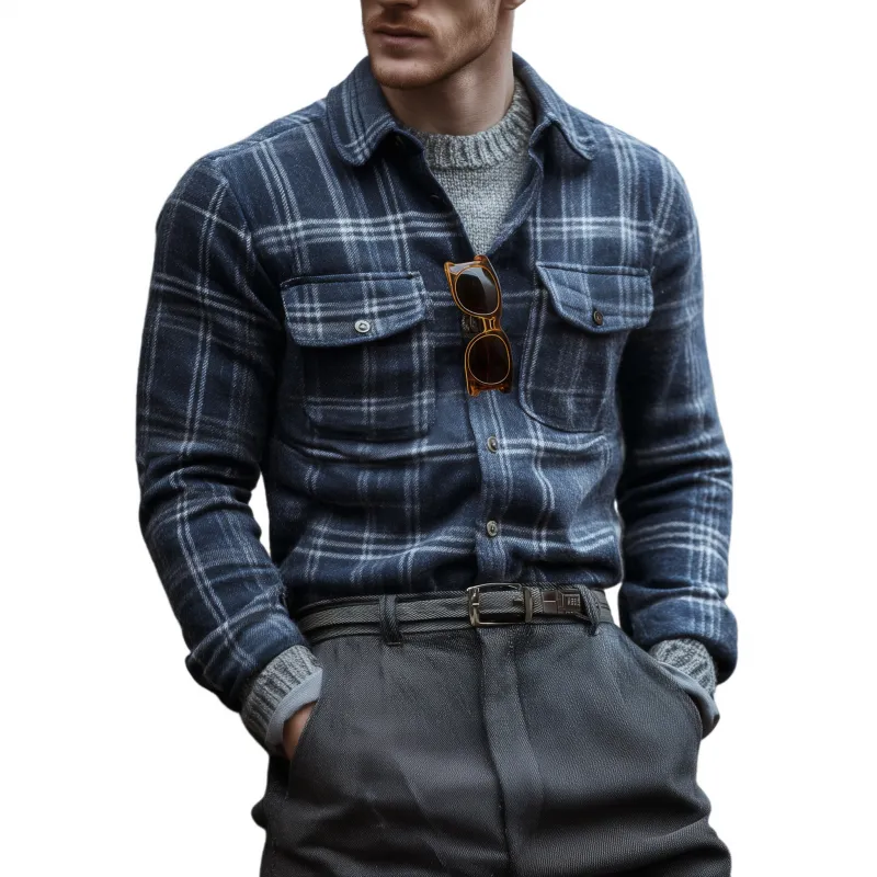 Men's Casual Vintage Flannel Plaid Lapel Flap Chest Pocket Slim Fit Long Sleeve Shirt MTA0818H1M sold by Manly