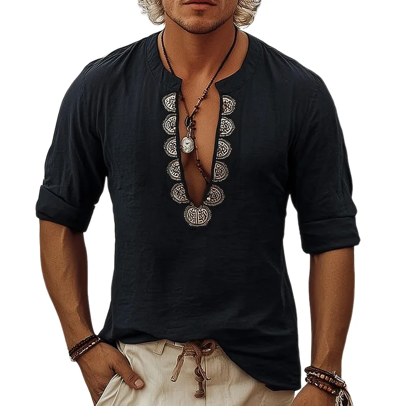 Men's Embroidered V Neck Long Sleeve Cotton And Linen Shirt MTA0882H8Z sold by Manly