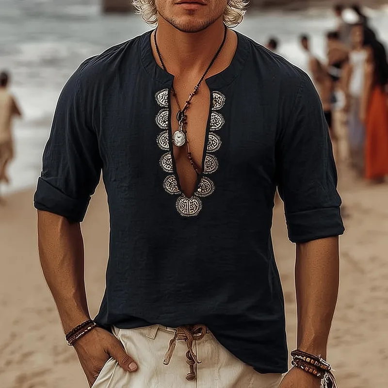 Men's Embroidered V Neck Long Sleeve Cotton And Linen Shirt MTA0882H8Z sold by Manly product image thumbnail 2