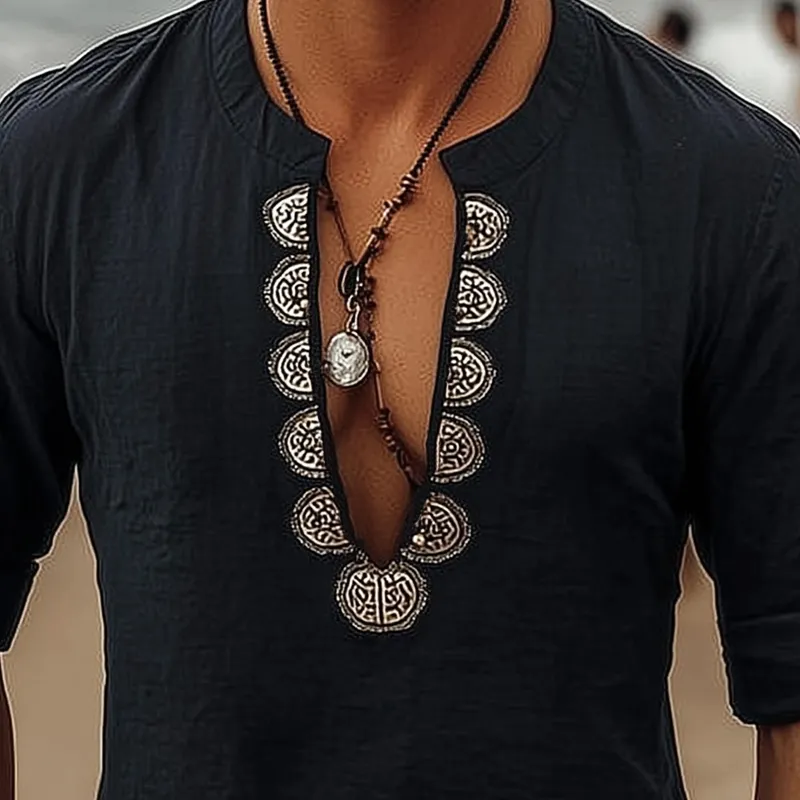 Men's Embroidered V Neck Long Sleeve Cotton And Linen Shirt MTA0882H8Z sold by Manly product image thumbnail 3