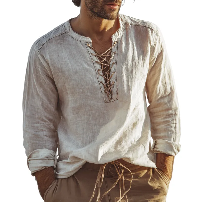 Men's Lace-up Collar Long Sleeve Cotton And Linen Shirt MTA0805H2Z sold by Manly