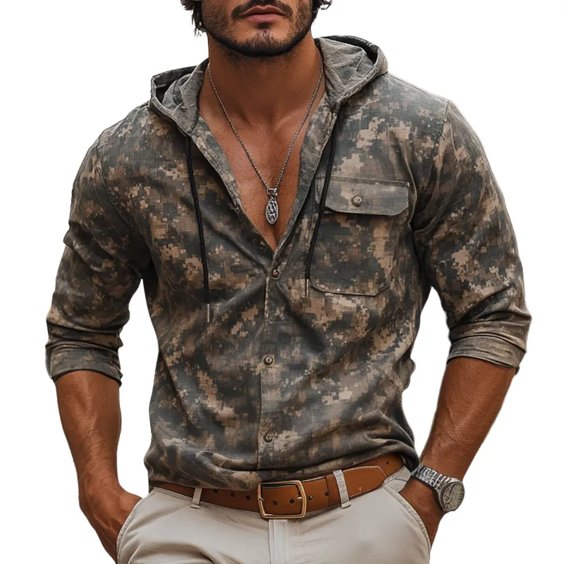 Men's Camouflage Hooded Chest Pocket Long Sleeve Shirt MTA0817H9Z sold by Manly