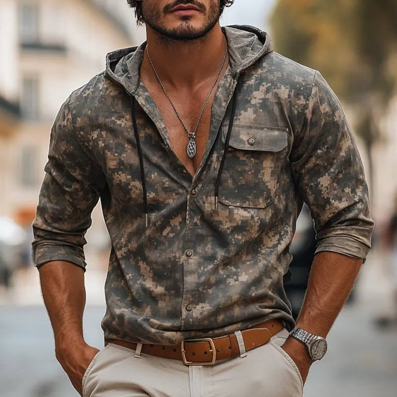 Men's Camouflage Hooded Chest Pocket Long Sleeve Shirt MTA0817H9Z sold by Manly product image thumbnail 2