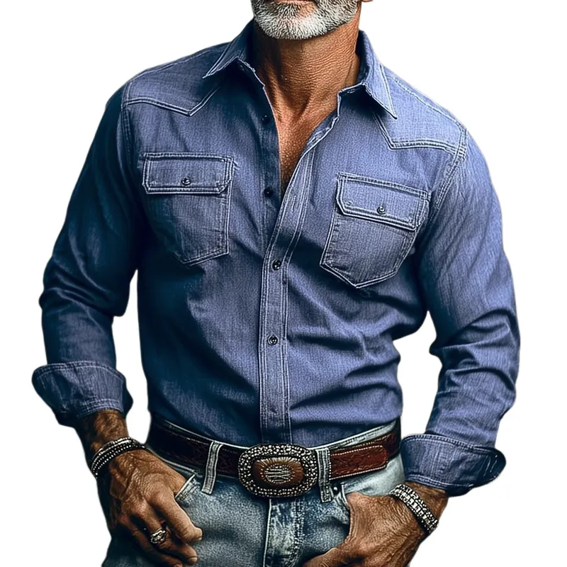 Men's Denim Lapel Chest Pocket Long Sleeve Shirt MTA0730H1Z sold by Manly