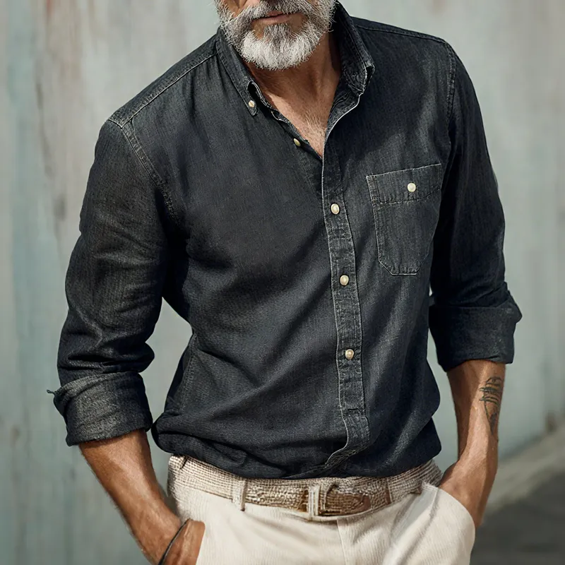 Men's Denim Lapel Chest Pocket Long Sleeve Shirt MTA0757H8Z sold by Manly product image thumbnail 2