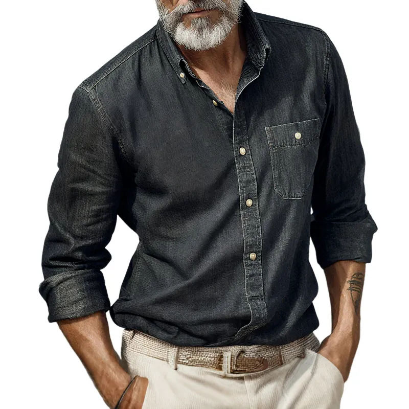 Men's Denim Lapel Chest Pocket Long Sleeve Shirt MTA0757H8Z sold by Manly