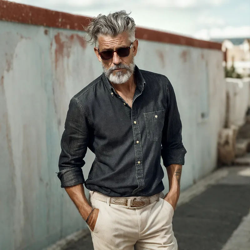 Men's Denim Lapel Chest Pocket Long Sleeve Shirt MTA0757H8Z sold by Manly product image thumbnail 4