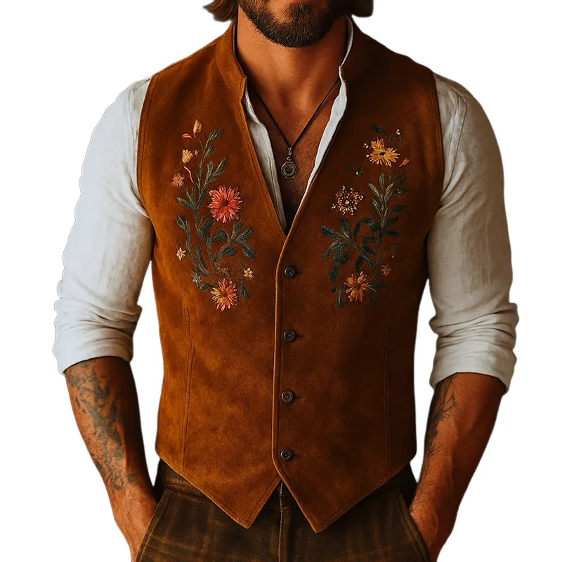 Men's Casual Vintage Suede Floral Embroidered Vest MTA0644H0TO sold by Manly