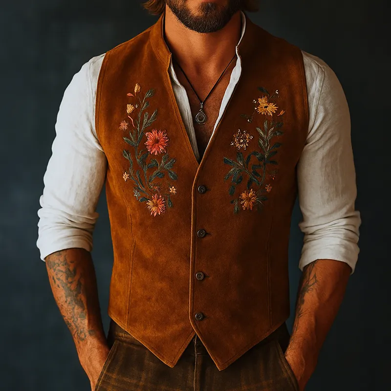 Men's Casual Vintage Suede Floral Embroidered Vest MTA0644H0TO sold by Manly product image thumbnail 2