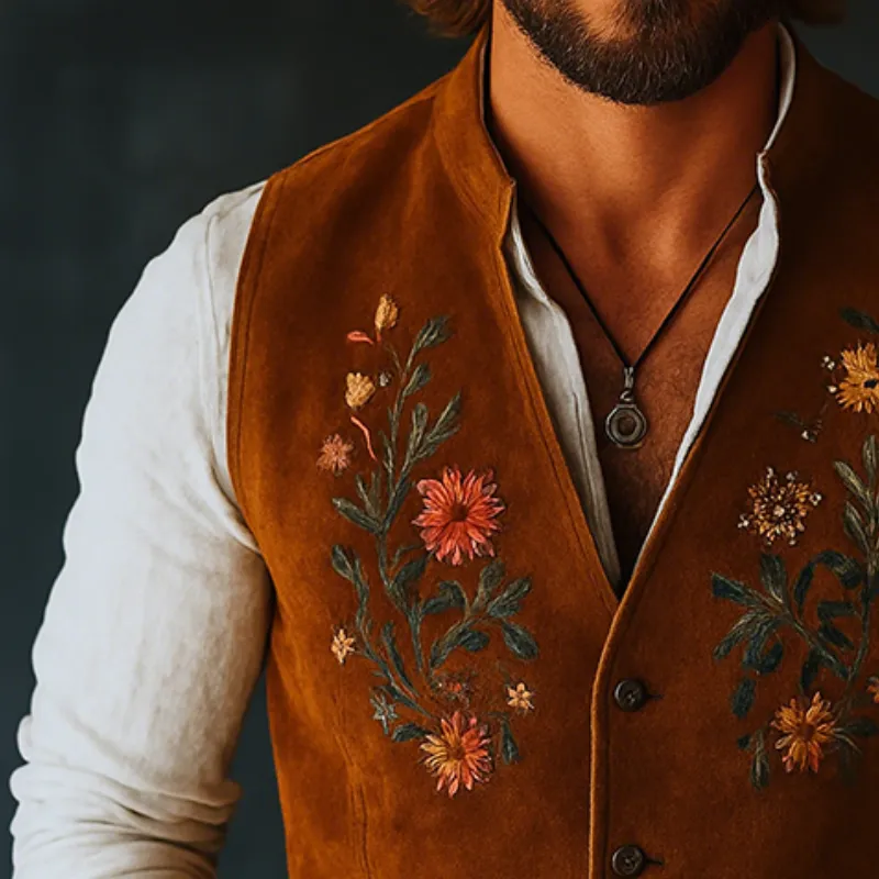 Men's Casual Vintage Suede Floral Embroidered Vest MTA0644H0TO sold by Manly product image thumbnail 3